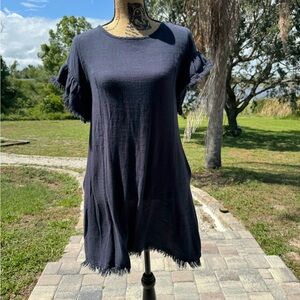 NWOT Umgee Short Sleeve Fringe Dress With Pockets Linen Blend Navy Blue Size S